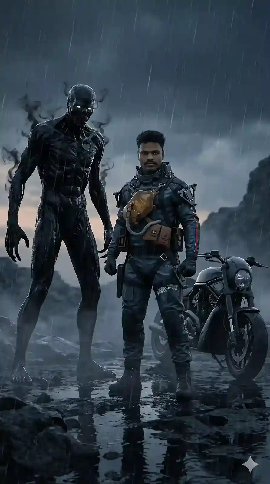 Dark Fantasy Compositing Prompt: Do Subjects Ko Ek Frame Mein Convincingly Rakhna