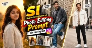 Collage of cinematic, aesthetic and profile picture style Instagram portraits with the text SI Photo Editing Prompt for Instagram